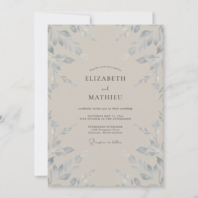 Invitation Mariage feuille taupe argentée (Devant)