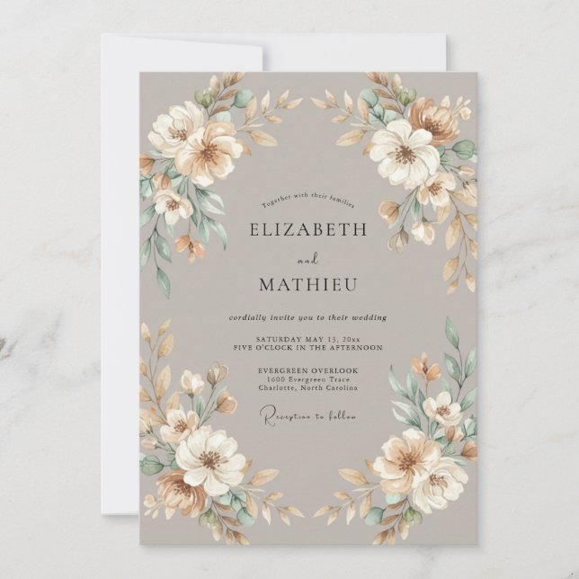 Invitation Mariage feuille taupe et Seafoam (Devant)