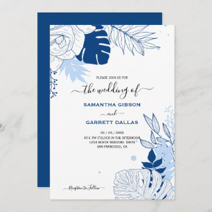 Invitation Mariage Feuille Tropical Bleu Et Blanc