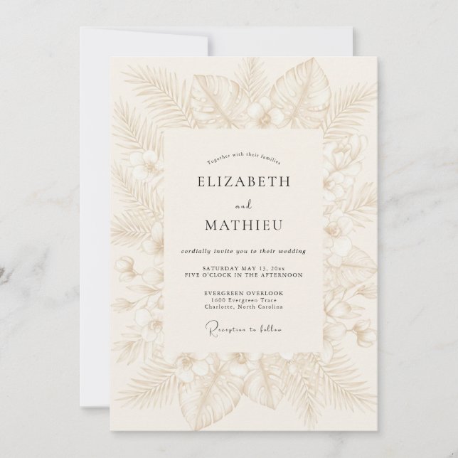 Invitation Mariage feuille tropicale champagne (Devant)