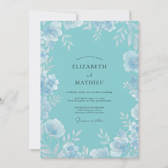 Invitation Mariage Feuille Turquoise Glacé (Devant)