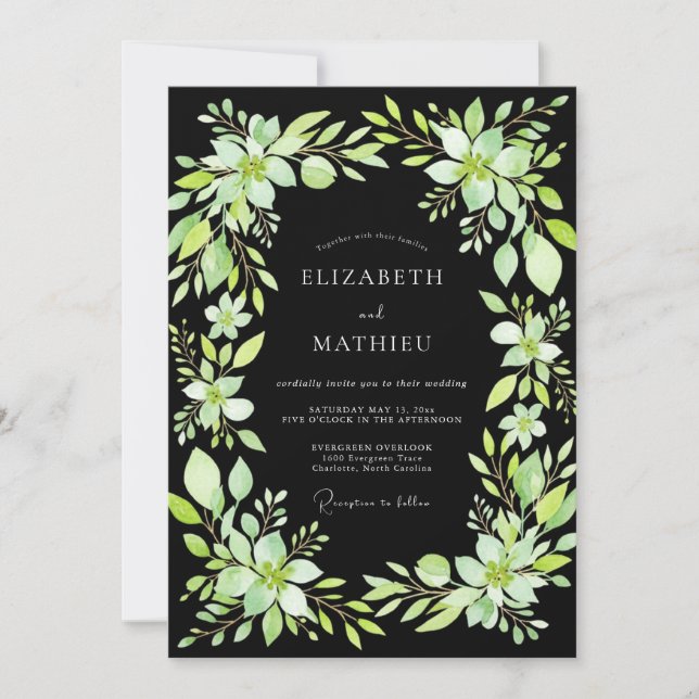 Invitation Mariage feuille vert chartreuse noir (Devant)