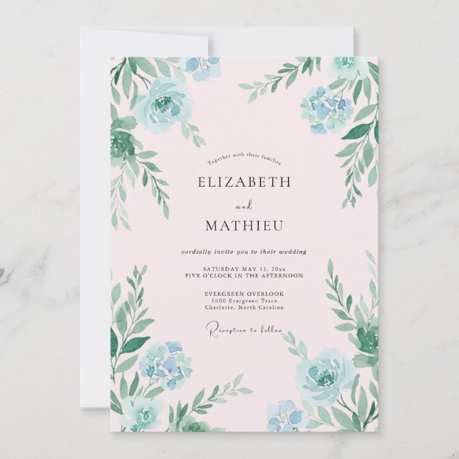 Invitation Mariage Feuille Vert Clair Aqua Peint à la Main (Devant)