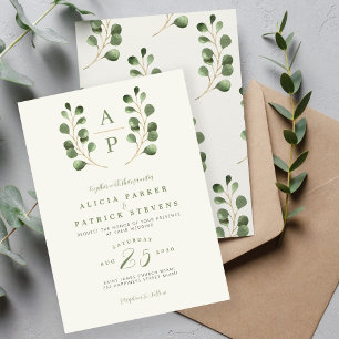 Invitation Mariage feuille vert de sauge de monogramme offici