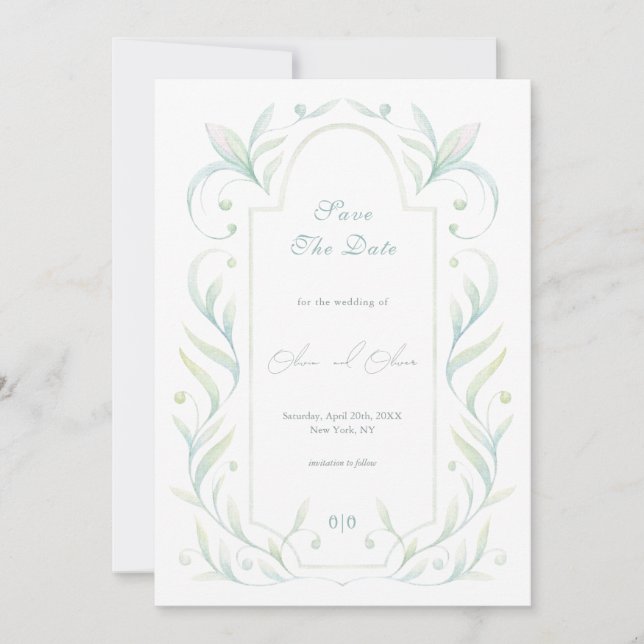 Invitation Mariage Feuille Vert Enregistrer La Date (Devant)