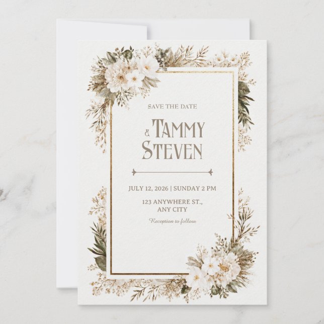 Invitation Mariage Feuille Vert Sauge Fleur d'Ivoire (Devant)