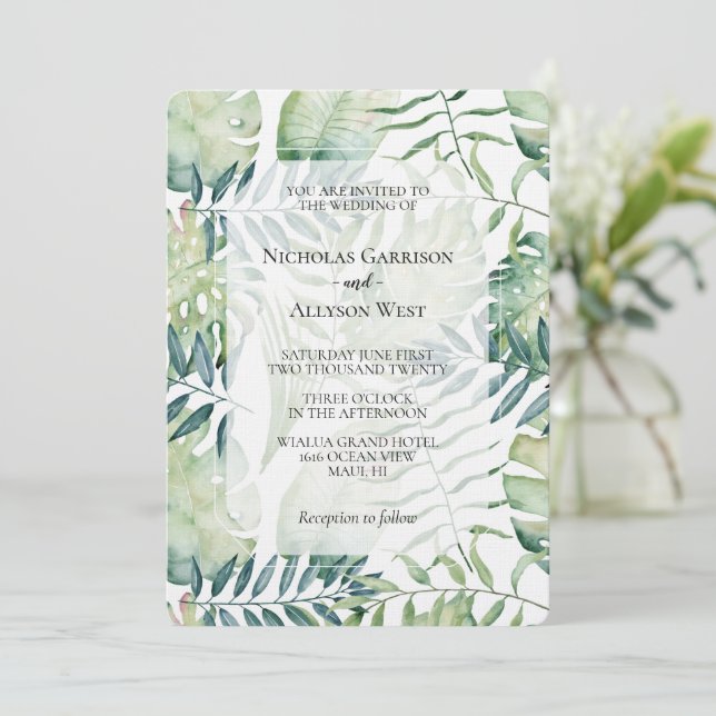 Invitation Mariage Feuille vert tropical (Debout devant)