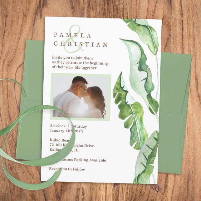 Invitation Mariage Feuille vert tropical (light green natural tropical plants, watercolor banana leaves, simple tropical wedding invitation)