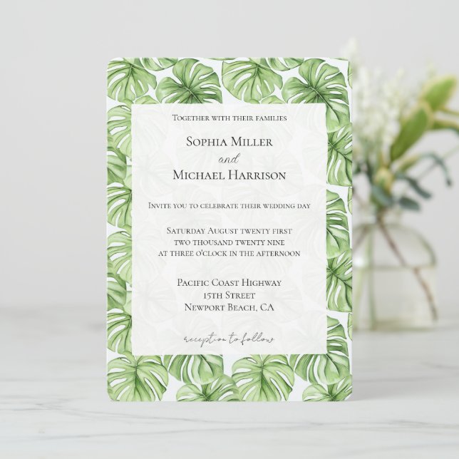Invitation Mariage Feuille vert tropical (Debout devant)