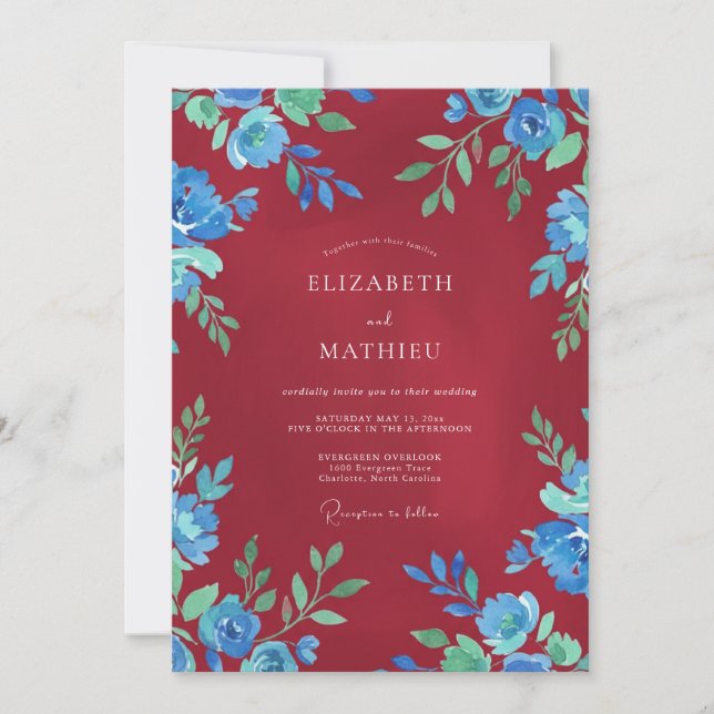 Invitation Mariage Feuille Verte Cyan Rubis (Devant)