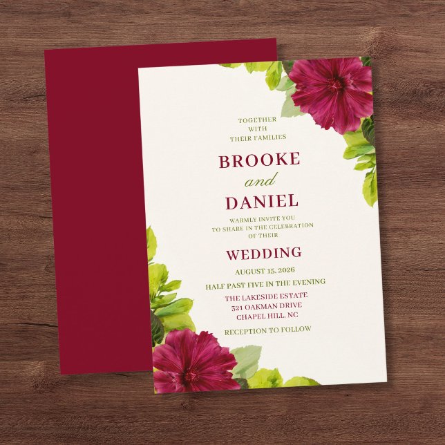 Invitation Mariage feuille verte de rose trémière de Bourgogn (Créateur téléchargé)