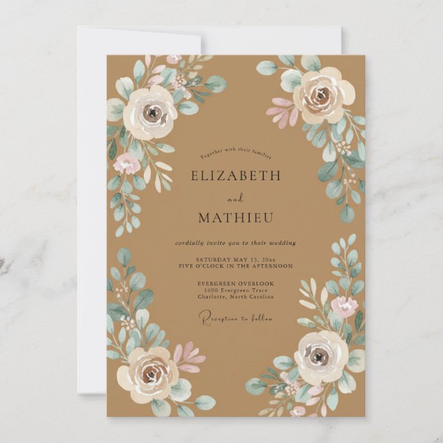 Invitation Mariage Feuilles Aqua Brun Clair (Devant)