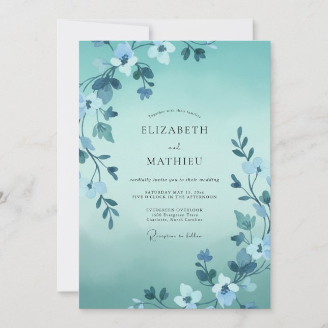 Invitation Mariage Feuilles Aqua Peintes à la Main (Devant)