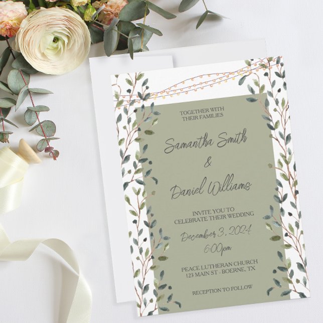 Invitation Mariage Feuilles Aquarelle Verdure (A botanical themed wedding invitation in moss green.)