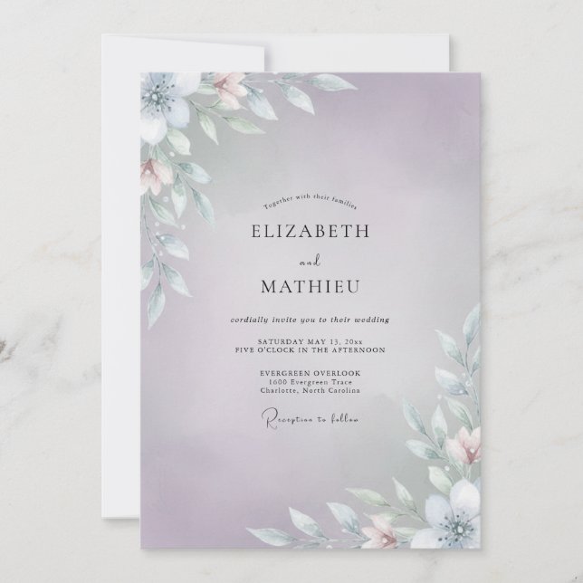 Invitation Mariage Feuilles Argentées Pervenche (Devant)