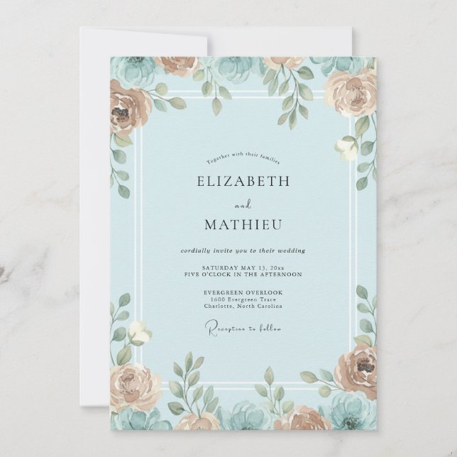Invitation Mariage Feuilles Azur Abricot (Devant)