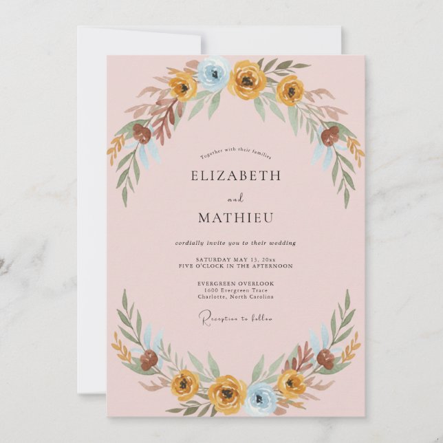 Invitation Mariage Feuilles Azur Ochre (Devant)