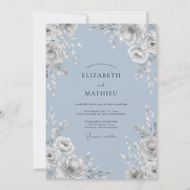 Invitation Mariage Feuilles Blanches Azur (Devant)