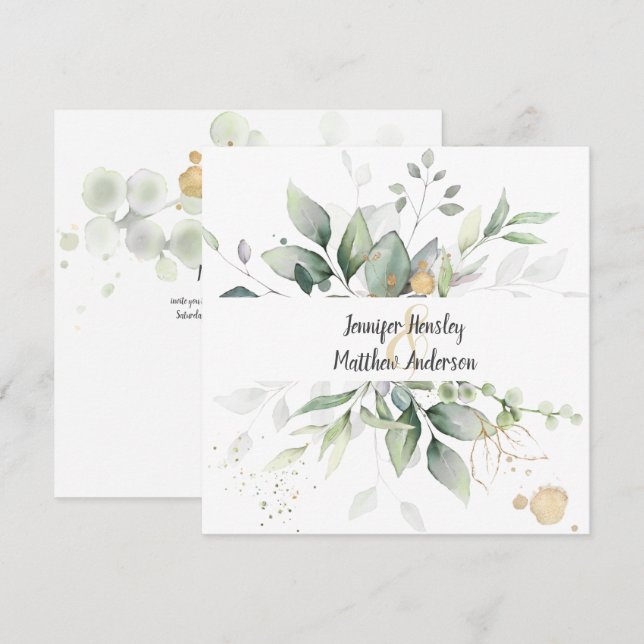 Invitation Mariage Feuilles Cadre Vert Prairie Or (Devant / Derrière)
