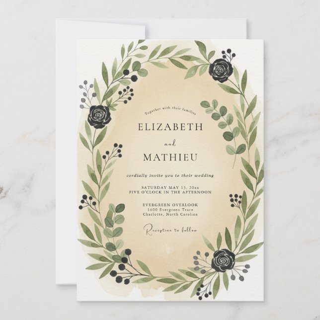 Invitation Mariage Feuilles Charbon Champagne (Devant)