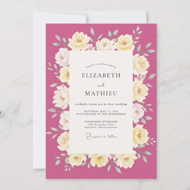 Invitation Mariage Feuilles Crème Chaud Magenta (Devant)