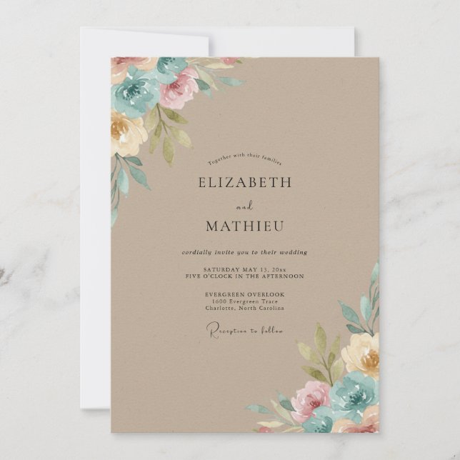 Invitation Mariage Feuilles Cyan Sableux (Devant)
