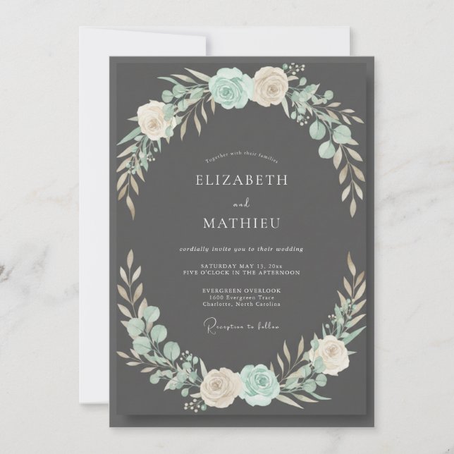 Invitation Mariage Feuilles d'Aqua Charbon (Devant)