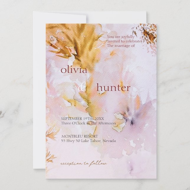 Invitation Mariage Feuilles d'Automne Aquarelle Violette (Devant)