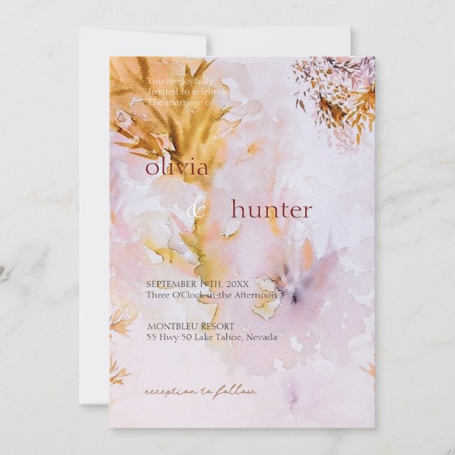 Invitation Mariage Feuilles d'Automne Aquarelle Violette (Devant)