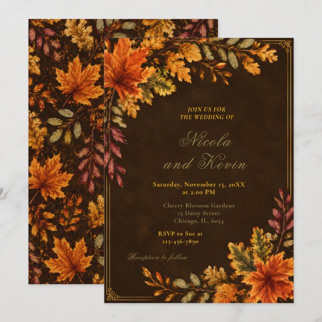 Invitation Mariage Feuilles d'Automne Brun (Devant / Derrière)