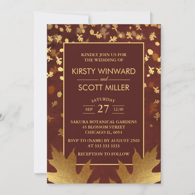 Invitation Mariage Feuilles d'Automne Feuille en Papier d'Or (Devant)