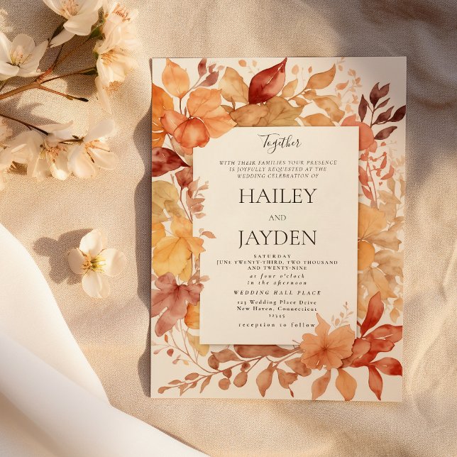 Invitation Mariage feuilles d'automne or ivoire bordeaux oran (Ivory gold burgundy orange Autumn leaves wedding )