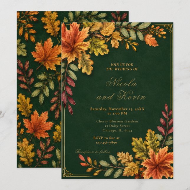 Invitation Mariage Feuilles d'Automne Vert Forêt (Devant / Derrière)
