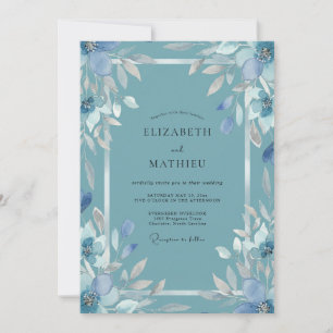Invitation Mariage Feuilles de Bleu Ardoise Acier