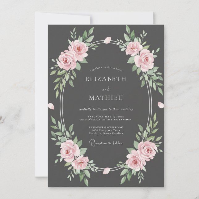 Invitation Mariage Feuilles de Charbon de Bois Rose (Devant)