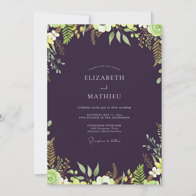 Invitation Mariage Feuilles de Chartreuse Aubergine (Devant)