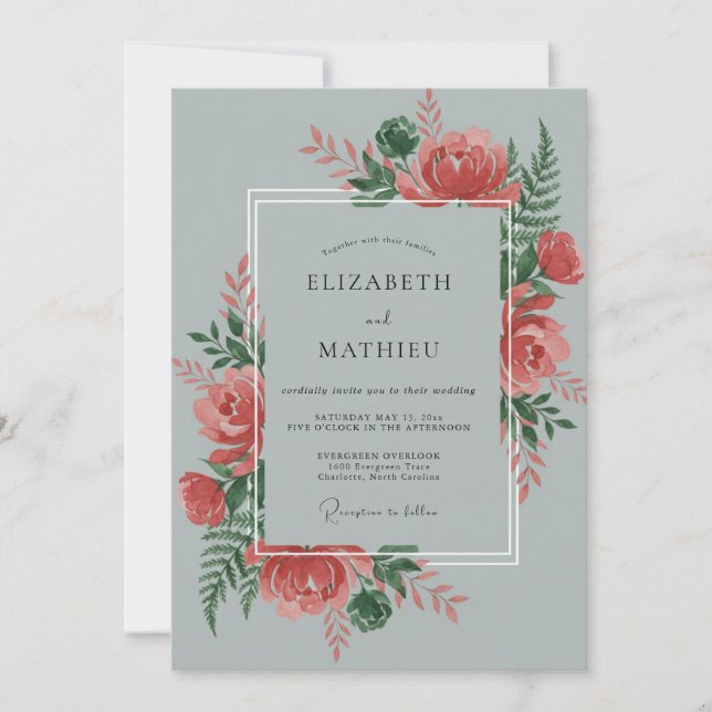 Invitation Mariage Feuilles de Corail Ardoise (Devant)