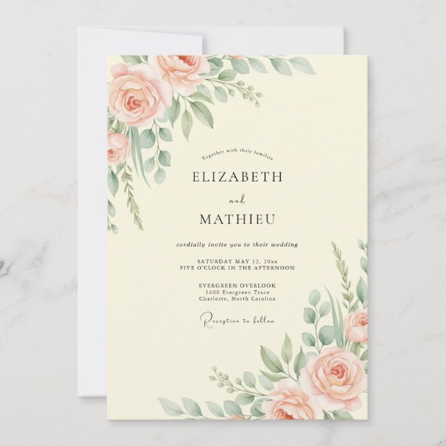 Invitation Mariage Feuilles de Crème de Pêche (Devant)