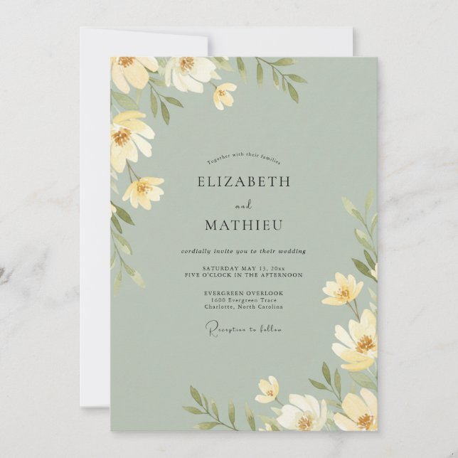 Invitation Mariage Feuilles de Crème Douce Sauge (Devant)
