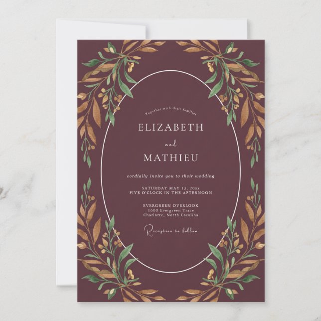 Invitation Mariage Feuilles de Cuivre Abricot (Devant)