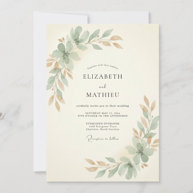 Invitation Mariage Feuilles de Cuivre Champagne (Devant)
