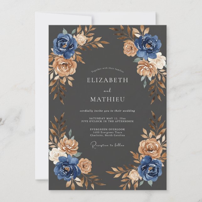Invitation Mariage Feuilles de Cuivre Navy (Devant)
