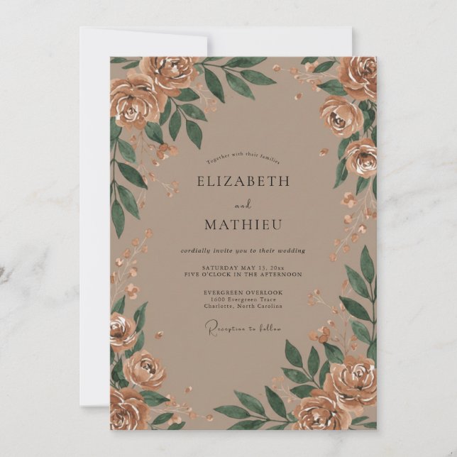 Invitation Mariage Feuilles de Cuivre Taupe (Devant)