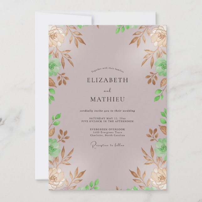 Invitation Mariage Feuilles de Foliage Or Mauve (Devant)