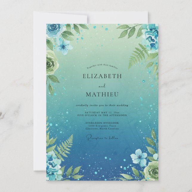 Invitation Mariage Feuilles de Fougère Sarcelle (Devant)