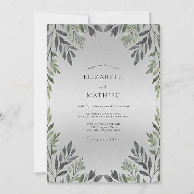 Invitation Mariage Feuilles de Gris Argent Chaud (Devant)