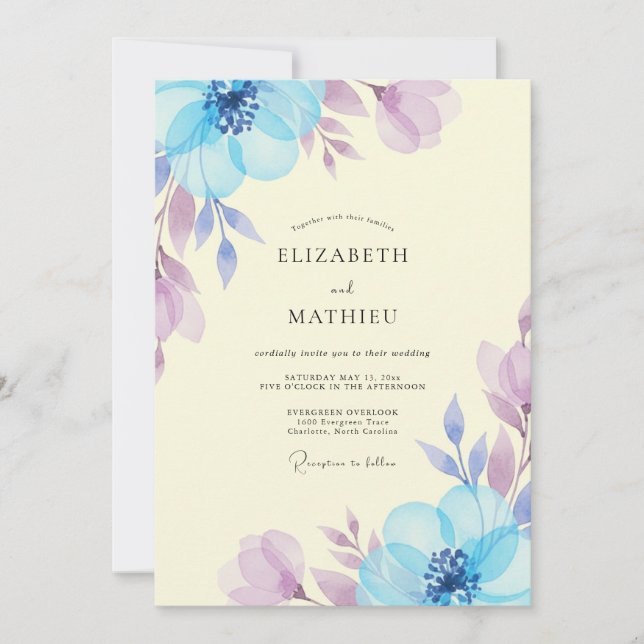 Invitation Mariage Feuilles de Lilas Bleuet (Devant)