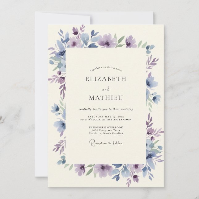 Invitation Mariage Feuilles de Lilas Sourdine et Pervenche (Devant)