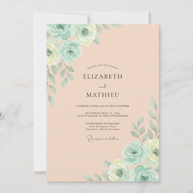Invitation Mariage Feuilles de Menthe Abricot (Devant)