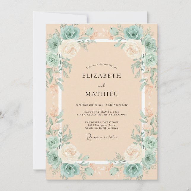 Invitation Mariage Feuilles de Menthe Champagne (Devant)